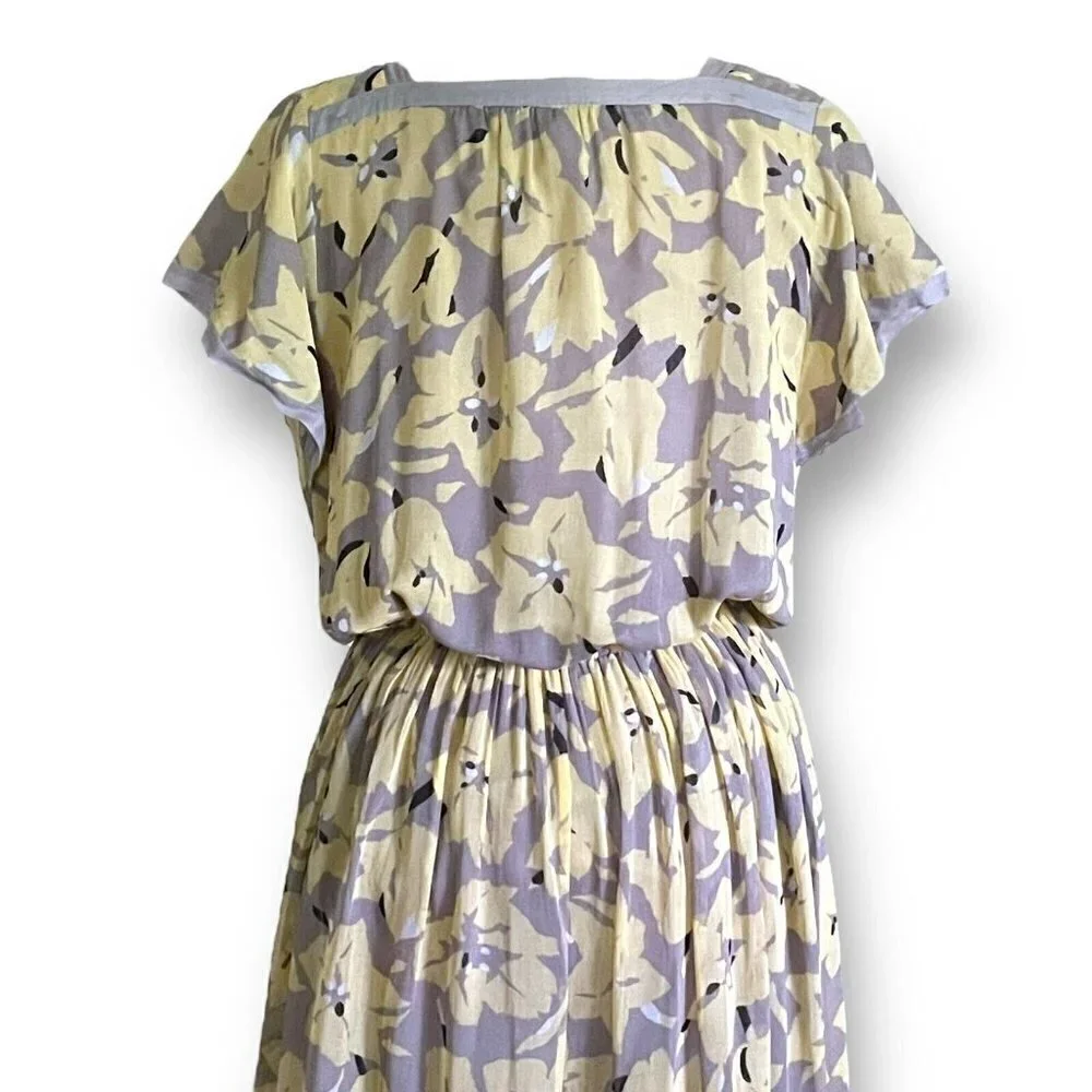 Vintage 80s Womens Midi Dress Sz M Gray Yellow Floral Boho Blouson Cotton Gauze - Picture 9 of 11